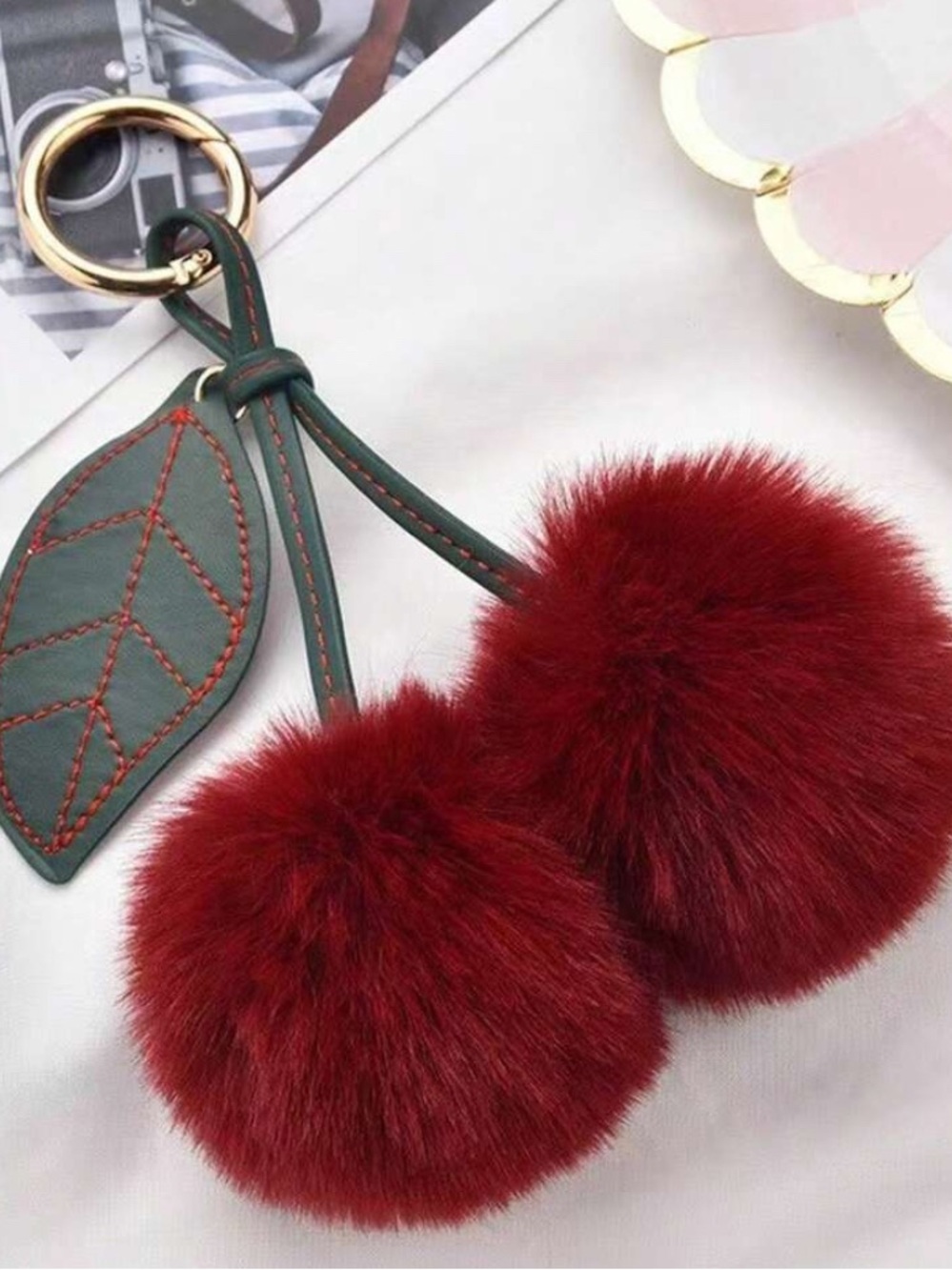 Faux Fur Cherry Pom Keychain with Green Leaf Accent
